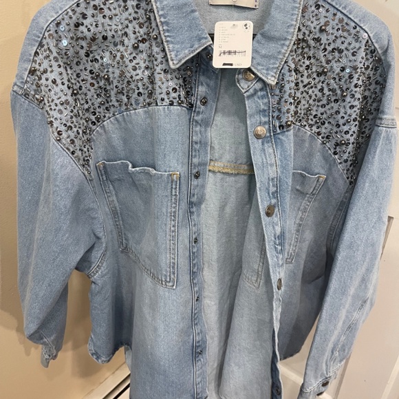 Free People X One Teaspoon Hand Embellished Daria Denim Shirt Sz M MSRP $298 - Picture 6 of 7